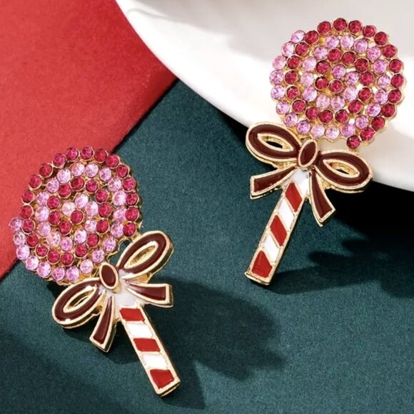 Whimsical Pink Swirled Rhinestones Jeweled Christmas Lollipop Candy Earrings New - Picture 2 of 3